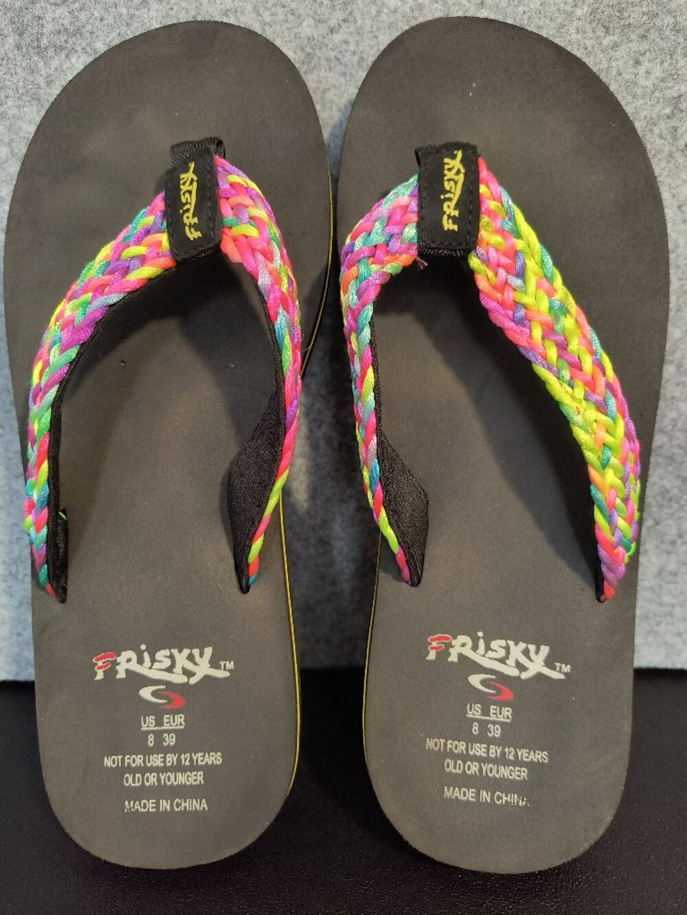 FRISKY Women's Flip Flops Size 8 Rainbow Braided Straps Black Sandals